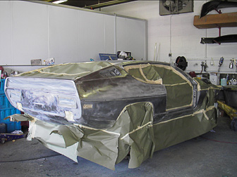 Prepping the Lamboroghini prior to painting at Randall’s Auto Body of Southampton, NY.